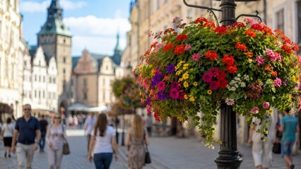 Obraz premium Colorful hanging flower basket in European old town street with blurred tourists.
