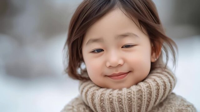 Smiling toddler and child in chunky knit sweater turtleneck enjoying snowy winter smile outdoors
