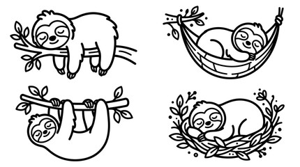 Naklejka premium Cute Sloth Illustrations: Sleeping on Branch, Hammock, Hanging, Nest