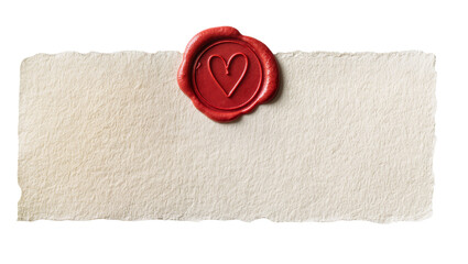Red wax seal with heart imprint on torn parchment paper, isolated on transparent background © Aliona
