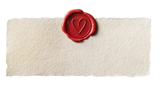Red wax seal with heart imprint on torn parchment paper, isolated on transparent background