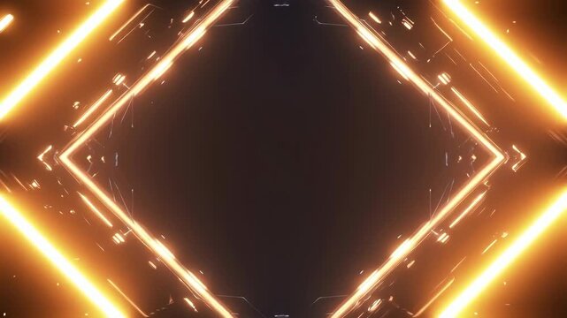 Neon glowing diamond frame golden light beams futuristic dark geometric metallic sparks framing