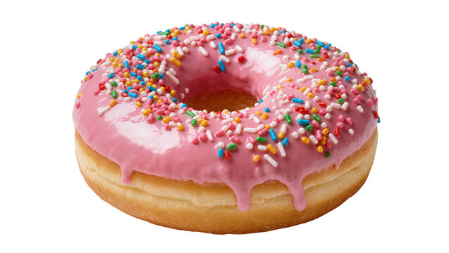 Pink frosted donut with colorful sprinkles, isolated on transparent background