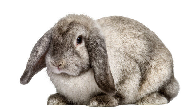 Fluffy grey lop-eared rabbit sitting, isolated on transparent background