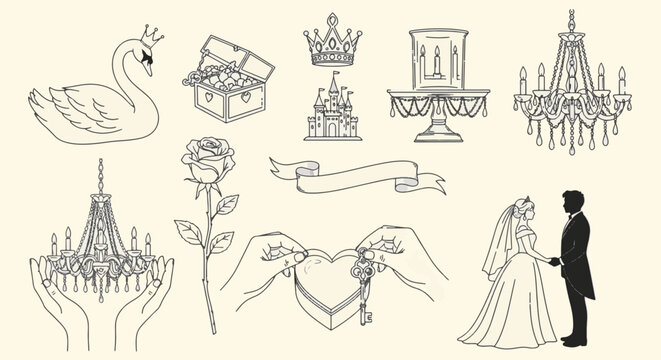 Collection of fairytale wedding line art elements including a swan, castle, crown, jewelry box, chandeliers, a long-stemmed rose, heart-shaped locket with key, and bridal couple.