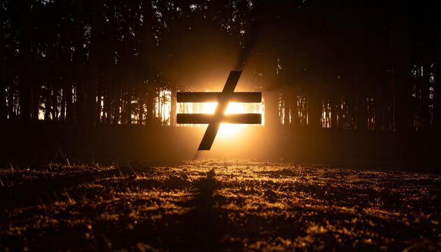 Symbol of inequality illuminated by golden sunlight in a forest setting