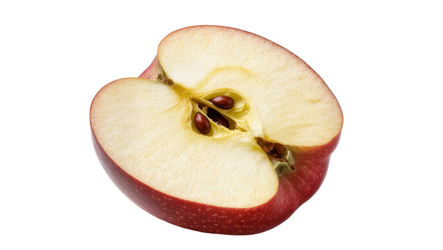 Red apple half with visible seeds and white flesh, isolated on transparent background