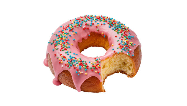 Pink frosted donut with colorful sprinkles bite taken out, isolated on transparent background