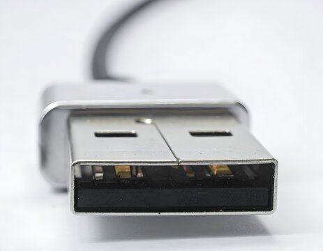 Close-up Macro Shot of a Silver USB-A Connector Head on White Background