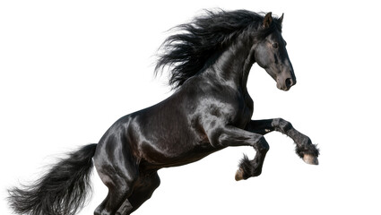 Majestic black horse rearing up mane flowing, isolated on transparent background © Corotaev