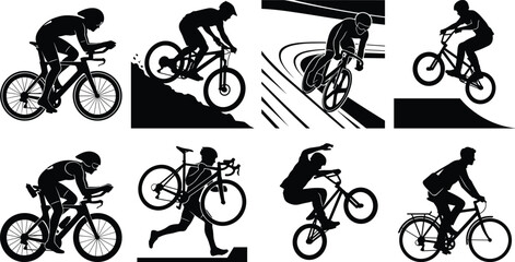 Fototapeta premium Cycling Sports Silhouettes Vector Set Featuring Road Racing Mountain Bike BMX and Urban Commuter