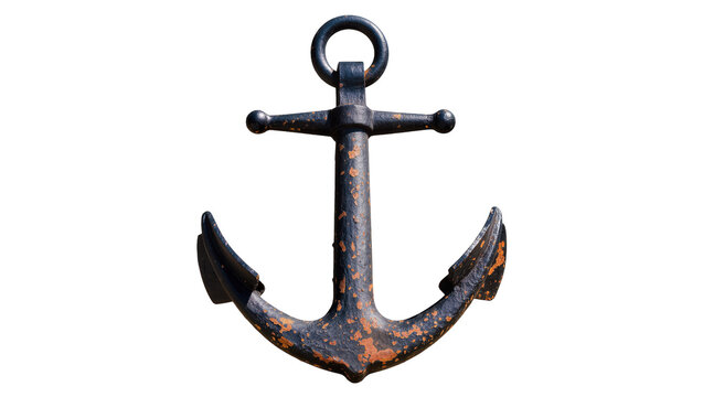 Heavy black metal anchor with rusty patches, isolated on transparent background