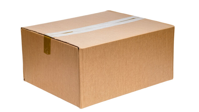 Brown cardboard shipping box sealed with clear tape, isolated on transparent background