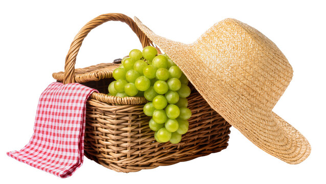 Wicker picnic basket with green grapes straw hat and checkered cloth, isolated on transparent background