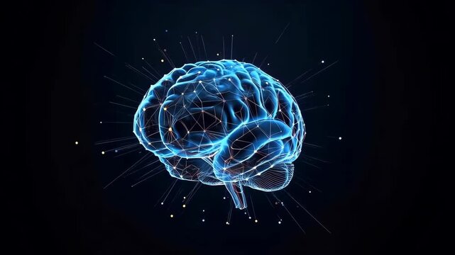 Neon blue brain neural network mesh with glowing neuron connections, digital nodes and futuristic