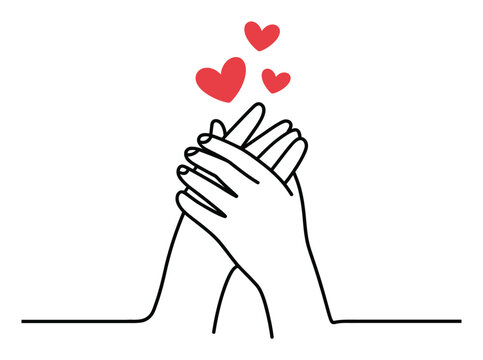 L&iacute;nea continua de dos manos entrelazadas con corazones