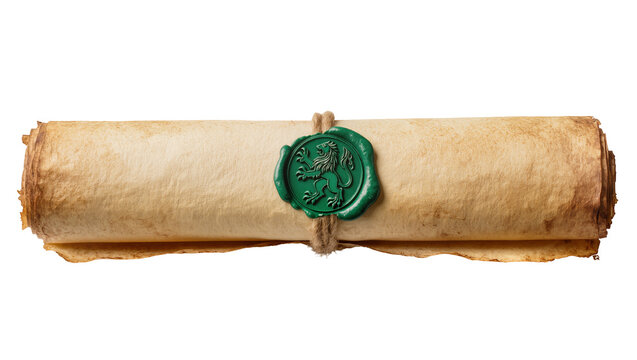 Rolled parchment scroll tied with twine and sealed with a green wax stamp, isolated on transparent background