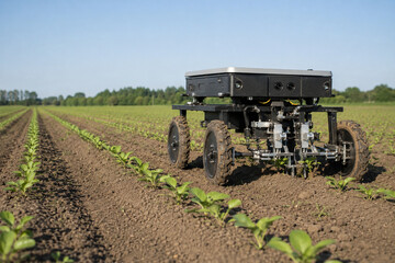 Obraz premium Agricultural Robot in a Field: A modern agricultural robot is navigating a field of young crops under a clear blue sky, showcasing advancements in farming technology and automation.