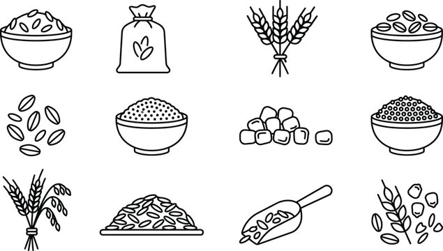 Set of black and white line art grn food icons