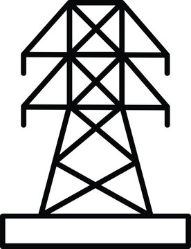 A clean, black line art vector icon illustrating an electricity transmission tower, representing essential power grid infrastructure and energy distribution. 