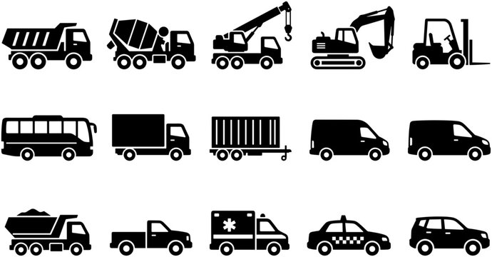 Set of Various Vehicle and Construction Machinery Icons.
