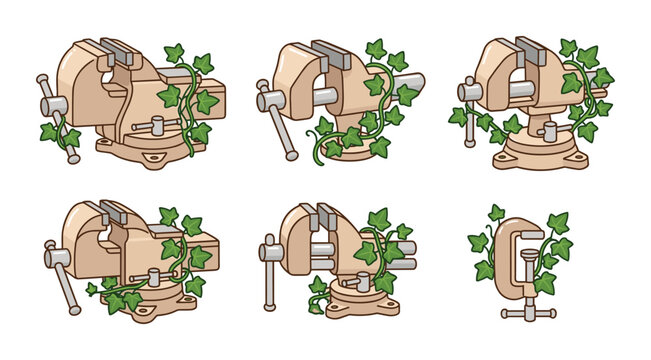 Set of mechanical bench vices and a clamp overgrown with green ivy