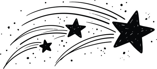 Hand drawn doodle of three shooting stars with motion trails and sparkles isolated on white background © RubinaIslam
