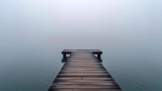 Misty wooden dock and pier into calm foggy lake with serene minimal mist atmosphere