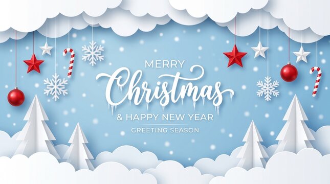 Paper cut christmas and new year greeting card with decorative hanging ornaments with cut style illustration