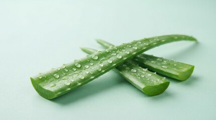 Obraz premium Freshly Sliced Aloe Vera Leaves on Light Background.
