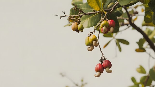 Fresh red and yellow cashew fruits hanging on a tree branch in a tropical garden