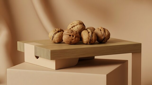 A group of fresh walnuts sitting on a modern wooden pedestal in a soft beige studio setting