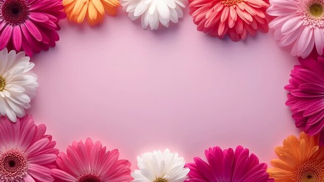 Bright gerbera daisy frame and border pink background creating cheerful floral frame and spring mood