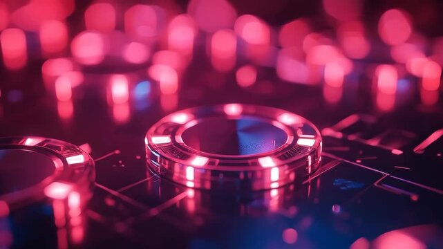 Futuristic circuit board neon pink token with glossy metallic rings and bokeh glow reflections