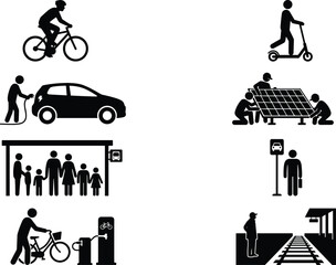 Obraz premium Eco friendly transport and renewable energy icons set including electric vehicle bicycle solar panels and public transit
