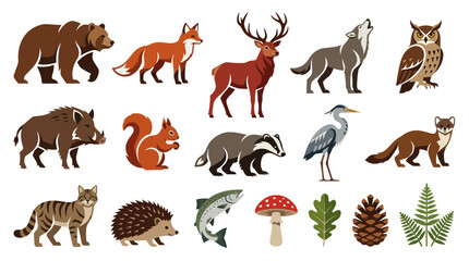 Obraz premium European Forest Wildlife Animals, Birds, Fish, Plants Nature Elements Flat Vector Illustration Set