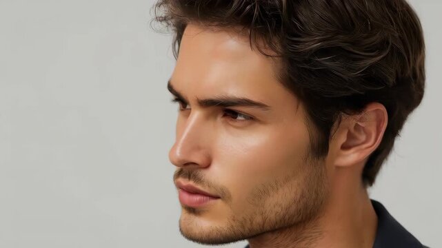 Young man portrait thoughtful expression close up with intense look and soft studio lighting