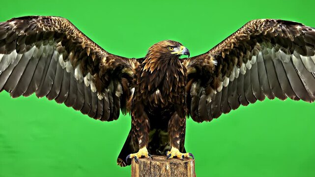 Golden eagle spreads its large wings while perched on a wooden stump against a solid green screen backdrop.