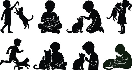 Silhouette vector set of happy children playing, petting, and cuddling with their pet cats in various poses