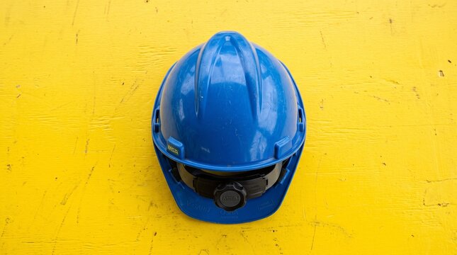 A blue MSA hard hat resting on a colorful geometric surface with gloves and tools, symbolizing creativity, safety, and craftsmanship in industrial design harmony.