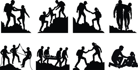 Teamwork and mountain rescue silhouette vector collection featuring hikers assisting each other in outdoor survival situations © MDFARIDUL