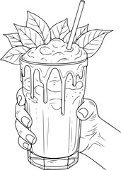 Dibujo a mano de una mano sosteniendo una refrescante bebida helada con hojas para colorear
