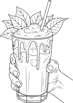 Dibujo a mano de una mano sosteniendo una refrescante bebida helada con hojas para colorear
