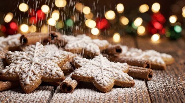 Gingerbread cookies, cinnamon and falling sugar create a warm traditional Christmas food background.
