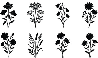Wildflower bouquets silhouette vector collection featuring floral arrangements and herbs for botanical design projects © MDFARIDUL