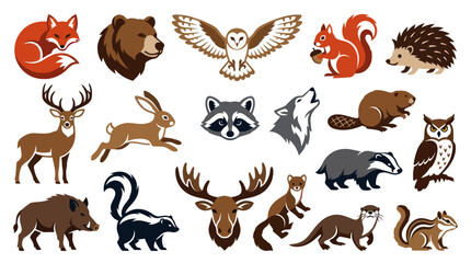 Obraz premium Forest Wildlife Animals Collection: Modern Flat Illustration Set of Mammals and Birds Icons