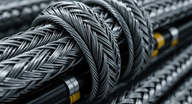 Detailed macro shot of braided steel armoring wires enveloping subsea umbilical cables for mechanical strength.