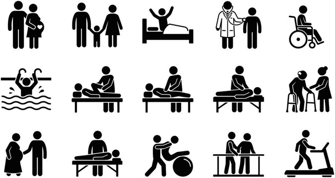 Set of medical rehabilitation and physical therapy icon set.