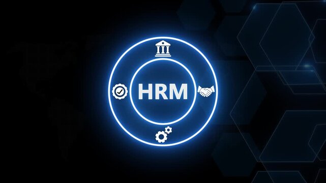 Human resource management hrm concept animation with glowing digital and business strategy symbols human resources