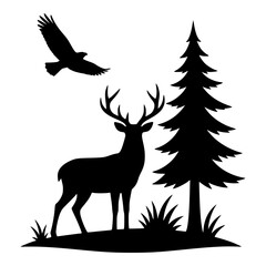 Naklejka premium Stag with Antlers, Pine Tree and Soaring Eagle Forest Scene, Black Silhouette for Hunting Lodge, Cabin Decor and Outdoor Branding